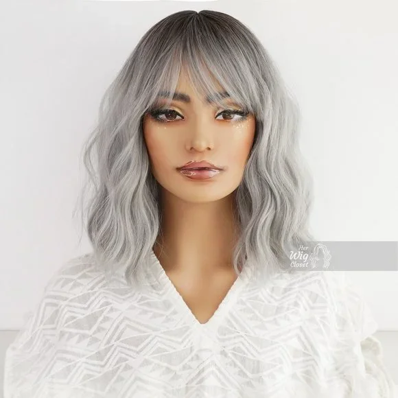 Dark Roots Silver Ombre Wavy Wig with Bangs | Mothers Day Gift | Ororo - Picture 7 of 9